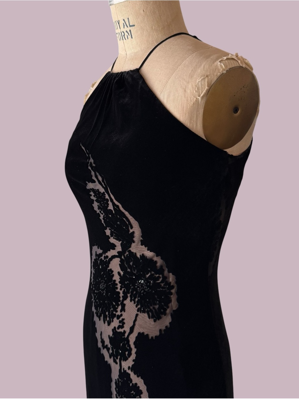 Vintage 90s Laundry by Shelli Segal Silk Velvet Burnout Beaded Maxi Dress - Picture 3 of 9